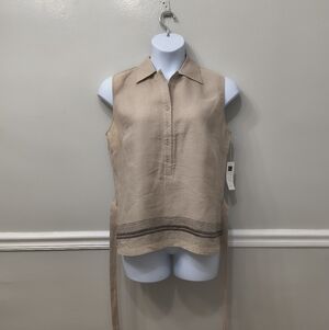 Carole Little Women's 100% Linen Stripes SleevelessTankTan XL Casual Preppy Work